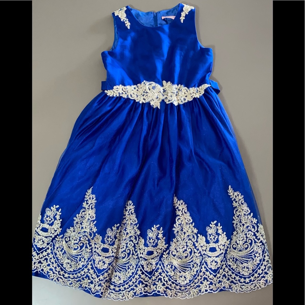 Girl's Blue Dress with Gold Lace Trim